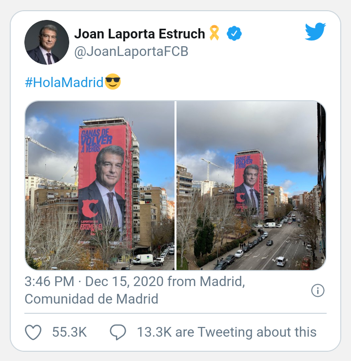 “Hola Madrid”. “Barsa” rahbarligiga nomzodlardan biri “Real” stadioni yaqiniga banner joylashtirdi