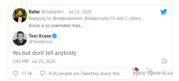Kroos twitterda muxlislar postiga javob qaytardi