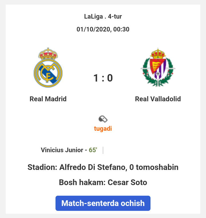 La Liga. "Real" - "Valyadolid" - 1:0. Zaxiradan maydonga tushgan Vinisius jamoaga g'alaba keltirdi