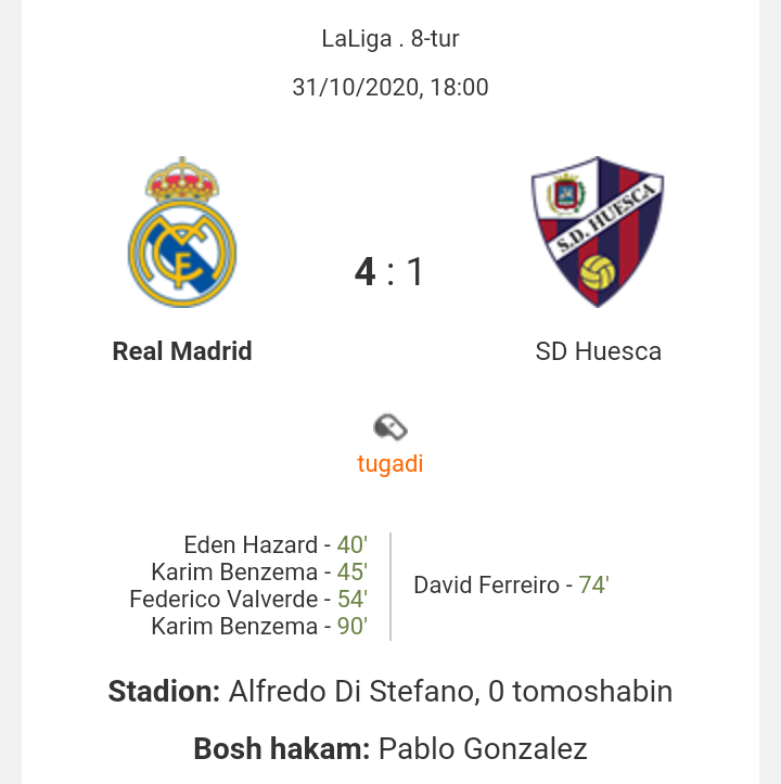 "Real" - "Ueska" 4:1. Biznikilar ishonchli g'alabaga erishdi va birinchi o'ringa ko'tarilib oldi