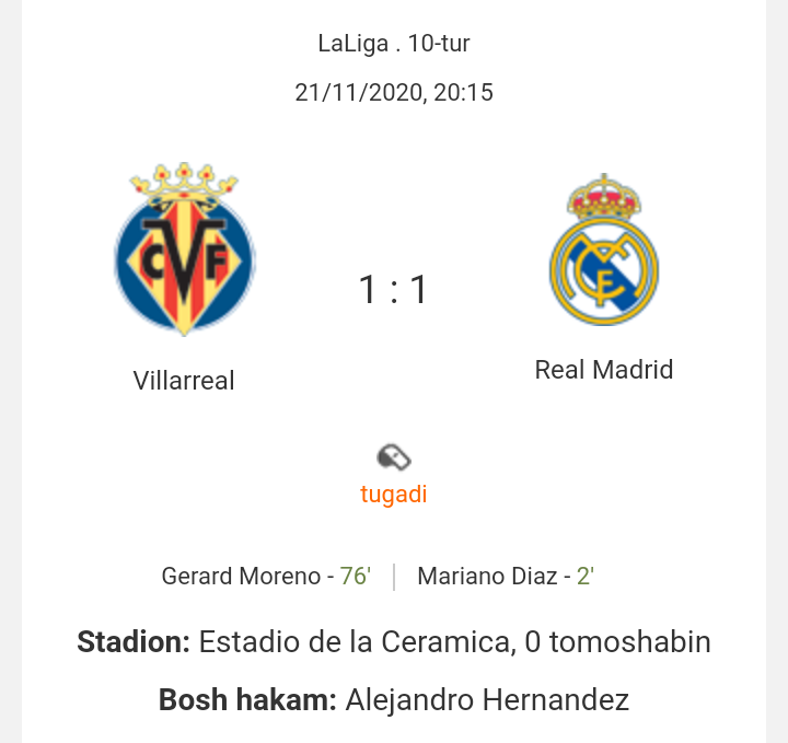 La Liga. "Vilyarreal" - "Real" 1:1. Madridliklar yana ochko yo'qotdi