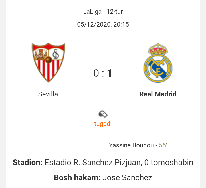 La Liga. "Sevilya" - "Real" 0:1. Madridliklar safarda muhim g'alabani qo'lga kiritdi