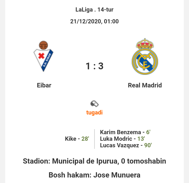 La Liga. "Eybar" - "Real" 1:3. Turli xil bo'limlar va "Real" "Atletiko"ga etib oldi