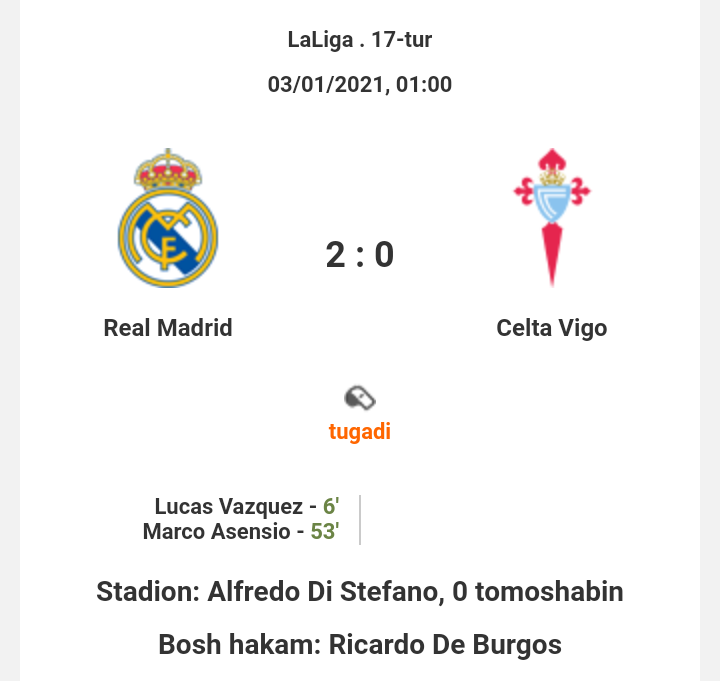 La Liga. "Real" - "Selta" 2:0. Madridliklar 2021 yilni g'alaba bilan boshladi
